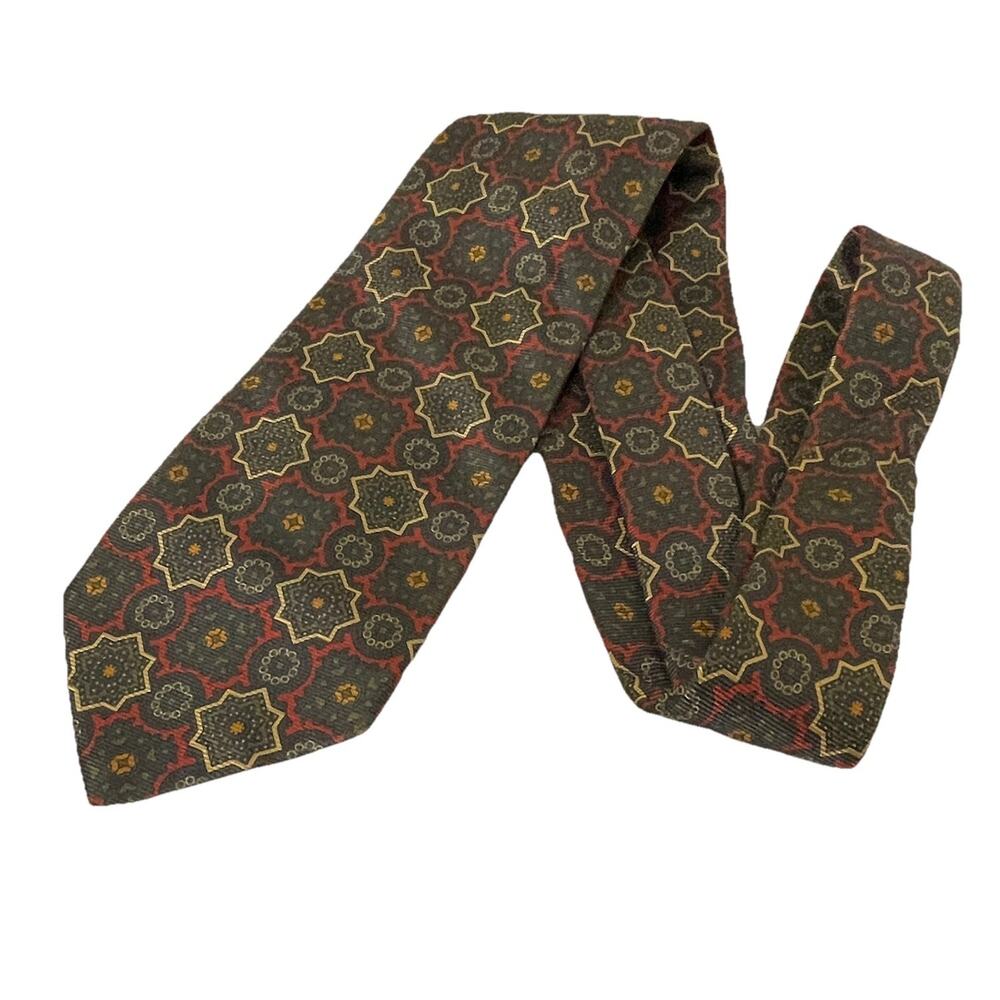 BREUER Italian Silk Tie Necktie Maroon Dark Green Geometric Print French Luxury
